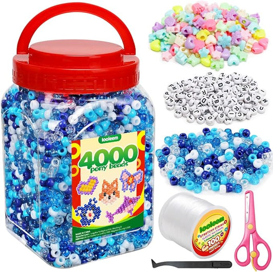 iooleem blue solid & glitter bulk pony beads - 4000pc kit for friendship bracelets & jewelry making, easy storage