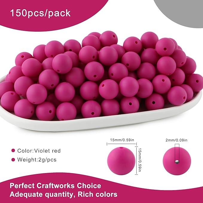 150Pcs 15mm Silicone Beads for Keychain Making Bracelet Necklace, Bulk Round Silicone Beads for Pens（Violet Red）