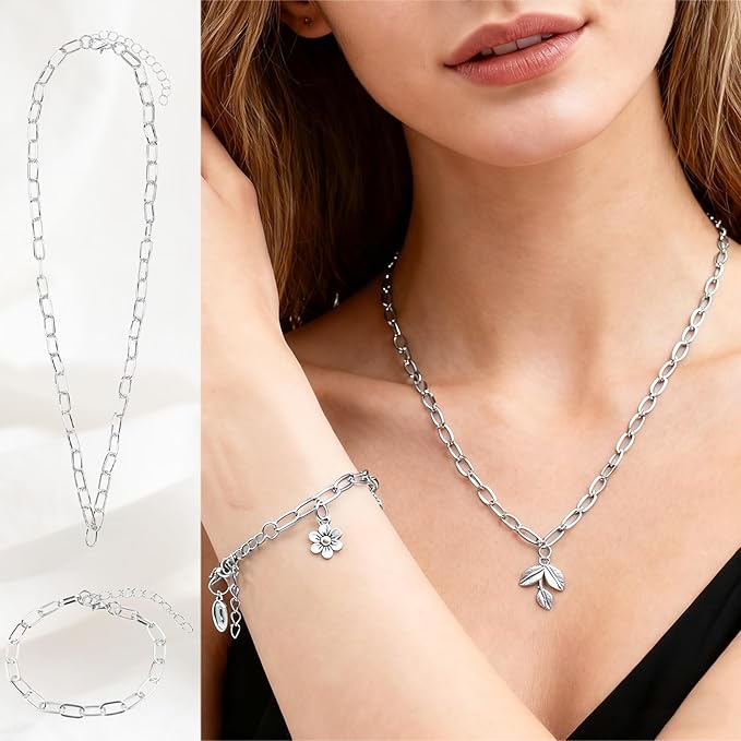 20 Pcs 18K Silver Plated Necklace Bracelet Chain Kit, Paperclip Alloy Link Fit Clip on Charm, Charm Bracelet Necklace Kit for Women DIY Jewelry Making (Silver)