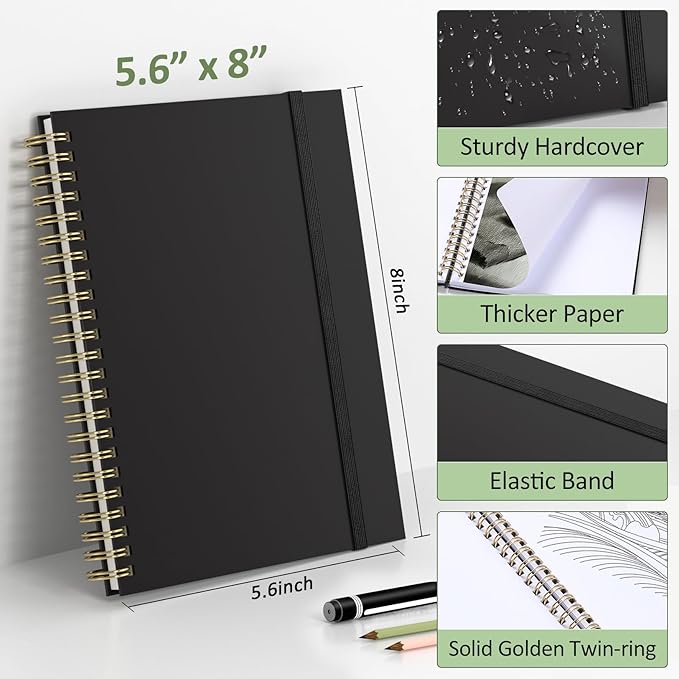 forvencer 2 pack blank spiral notebook, 8"x 5.6"hardcover sketch book, 100gsm thick paper, art sketchbook for women & adult, 100 pages / 50 sheets drawing book journal for school office drawing, green