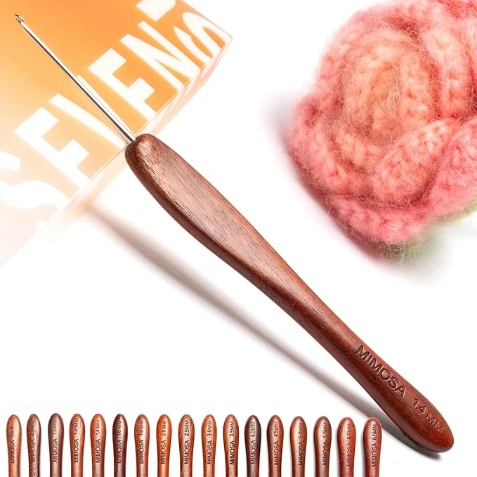 SEVENSUN Mimosa 1.4mm Single Crochet Hook, Available in 0.6mm-6.5mm, Ergonomic Hand Polished Stainless Steel Inline Pointy Wood Handle Crochet Hook for Arthritic Hands