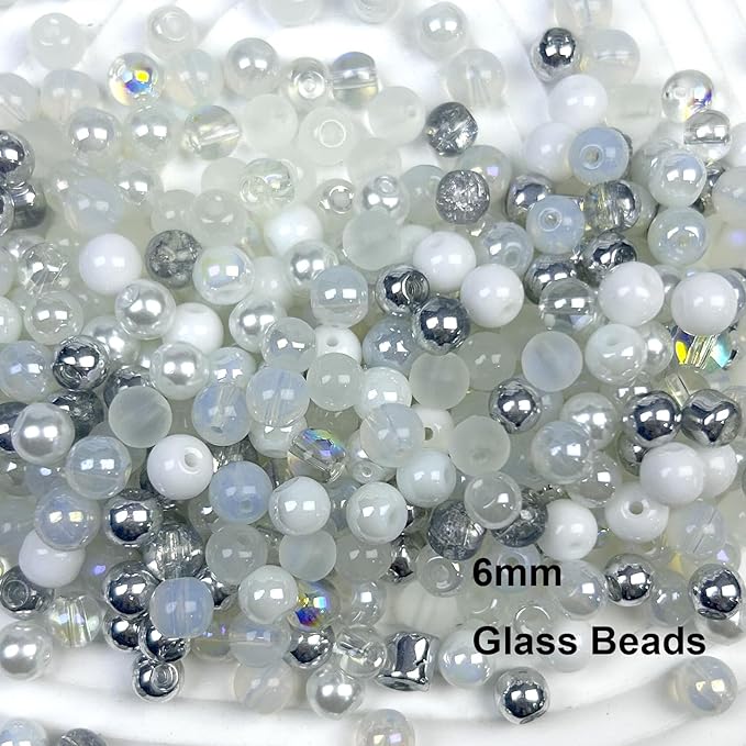 300pcs 6mm Glass Beads, Assorted Glass Beads for Jewelry Making, White Series Round Spacer Bead Kit for Bracelet Necklace DIY Craft