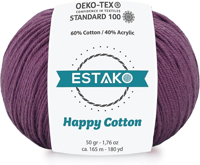 Estako Happy Cotton, 60% Cotton 40% Acrylic Yarn, Soft, Fine/Sport (2) for Crochet and Knitting 1.76 Oz (50g) / 180 Yrds (165m) (4620 - Plum)