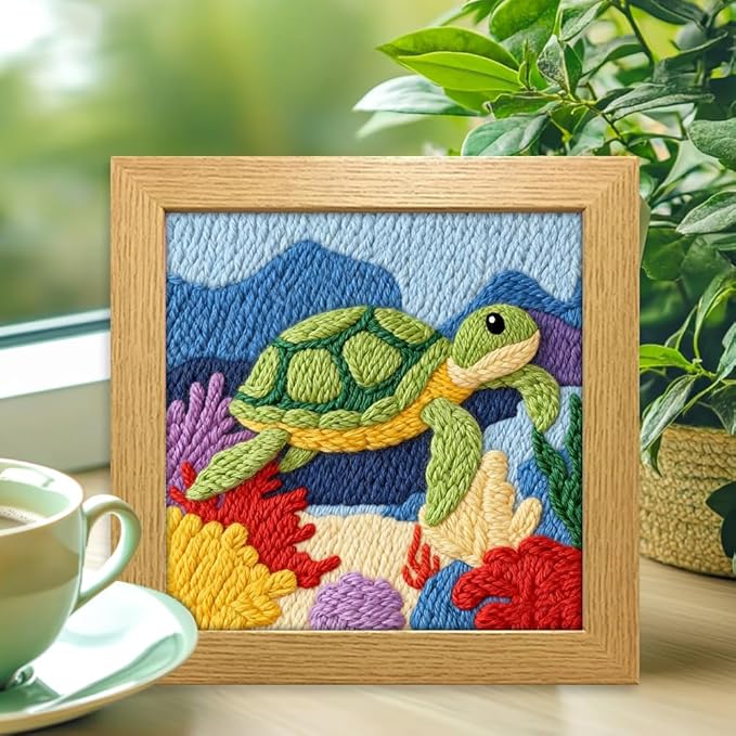 INFUNLY 2PCS Turtles Punch Needle Embroidery Kits for Beginners Sea Turtles DIY Punch Needle Starter Kit Animal Handcraft Cross Stitch Rug Hooking Kit with Instruction for Festival Gift Home Decor