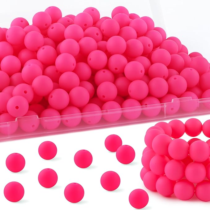 150Pcs 15mm Silicone Beads for Keychain Making Bracelet Necklace, Bulk Round Silicone Beads for Pens（Hot Pink）