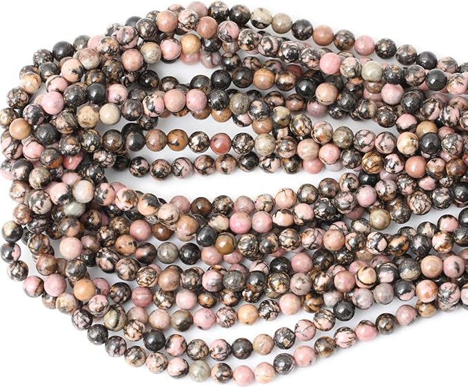 cheavian 60pcs 6mm natural black line rhodochrosite gemstone smooth round loose beads for jewelry making 1 strand 15"