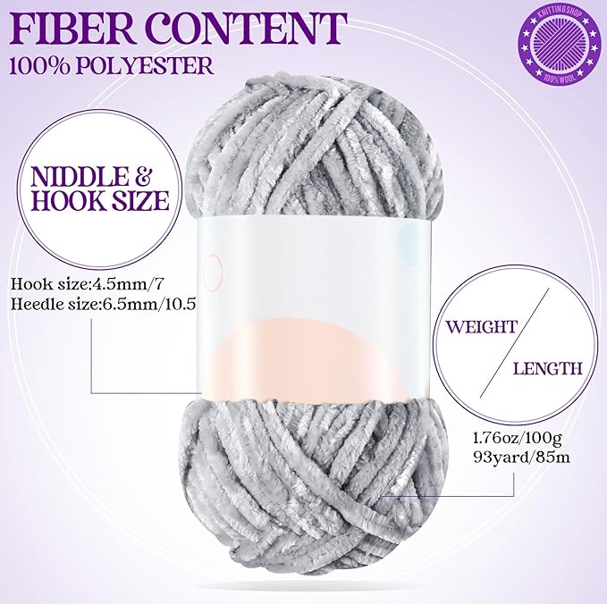 Woanger 20 Skeins Soft Chenille Yarn Velvet Blanket Yarn for Crocheting Hand Knitting Weaving DIY Craft, 10 Colors, 93 Yards Each (Vivid Color)