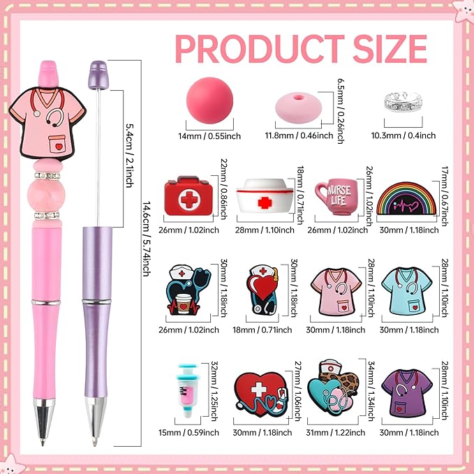12 Set Hospital Theme Plastic Beadable Pens DIY Set, Assorted Bead Pens Crystal Round Spacer Pendant Set Black Ink DIY Ballpoint for Teachers, Women Men Gift Office Supplies