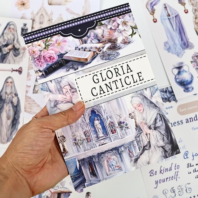 Gloria Cantical Pre-Cut Journal Sticker Book for Journaling, Scrapbook Stickers for Bullet Journals, Junk Journal Supplies, Planner, 20 Sheets A5 Size Washi, PET & Paper Collage Materials