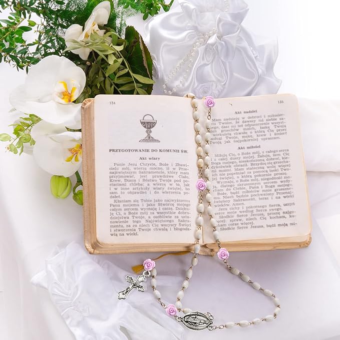 Sureio 140 Pcs Rosary Making Supplies Carved Rose Beads Flower Beads Kit Cross Centerpiece Crucifix Medal, Silver Jesus Maria Pendant for Bracelet Necklace(Purple)