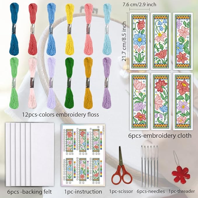 ORIGACH 6 Set Medieval Garden Flower Cross Stitch Bookmark Kit for Beginner with Backing Felt Floss Instructions DIY Stamped Embroidery Bookmark Kit for Adults, Book Lovers