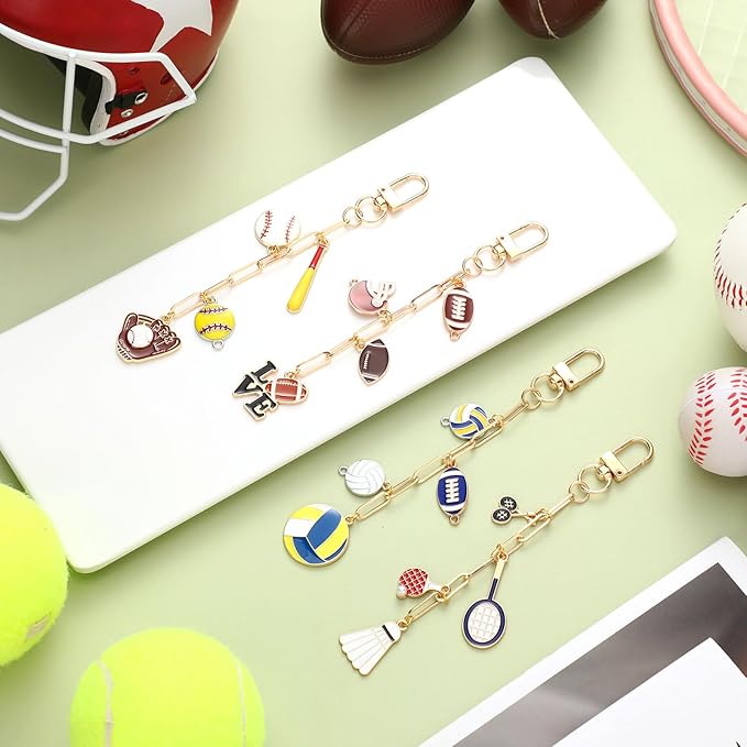 Tondiamo 266 Pieces Football DIY Gold Keychain Making Kit Bat Sports Football Charm Jewelry Making Baseball Volleyball Ornaments Bulk for Key Ring Art Adults Women Bag Gift