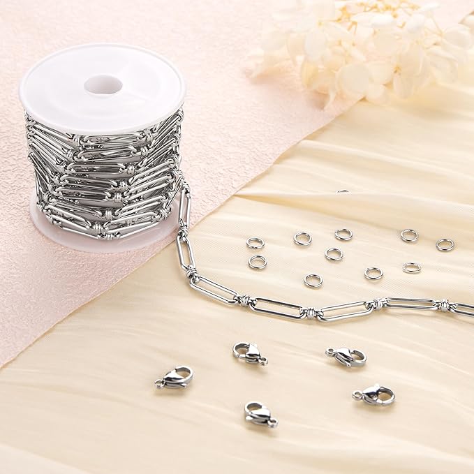 Jabogrii 6.5 Feet Silver Paperclip Chain for Jewelry Making DIY Craft Stainless Steel Jewelry Making Chains Spool Bulk