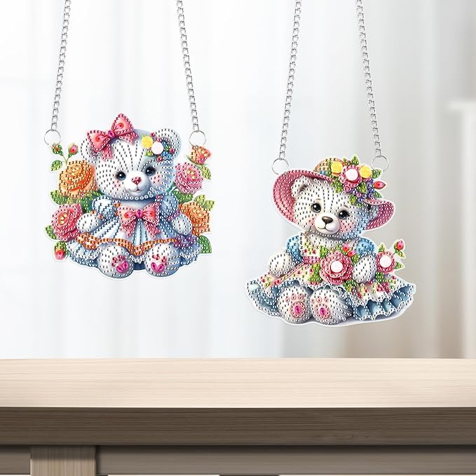 2 Pcs Diamond Painting Hanging Ornaments – Cute Teddy Bear Doll Design with Floral Patterns, DIY Acrylic Craft Kit for Home Decoration, Gifts & Crafts