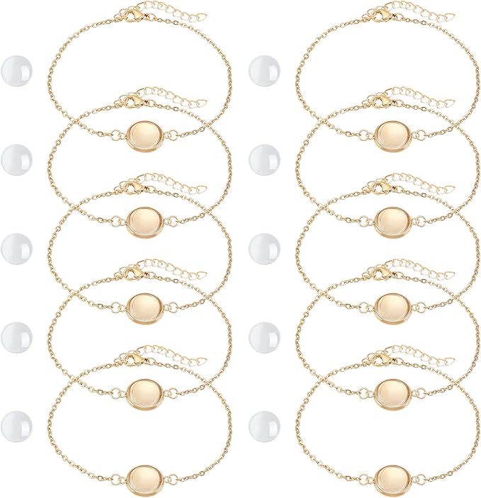 NBEADS 10 Sets Bracelet Making Kit - Gold Tray with 10 Pcs Stainless Steel Chain, Jewelry Bezel Base, Glass Cabochons & 50 Pcs Jump Rings