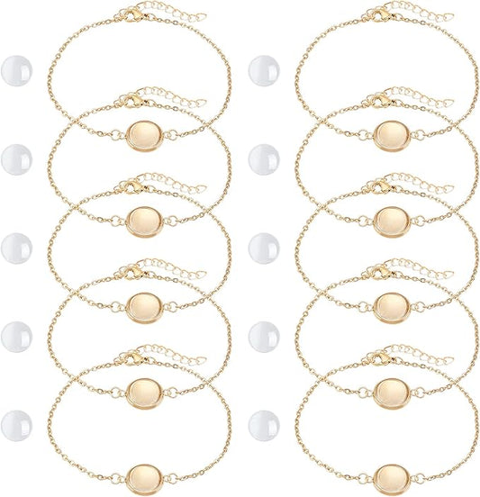 NBEADS 10 Sets Bracelet Making Kit - Gold Tray with 10 Pcs Stainless Steel Chain, Jewelry Bezel Base, Glass Cabochons & 50 Pcs Jump Rings