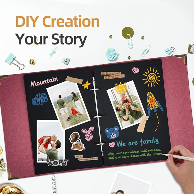 Vienrose DIY Scrapbook Photo Album Kit with Pens Tapes and Stickers 60 Pages Hardcover 8.5x11 Inches 3 Rings Removable Black Paper Scrapbooking for Lover Friends Kids Wedding Red