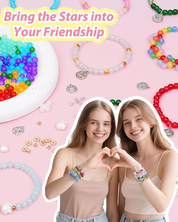 LovelyMoon 28 Colors 6mm Glass Beads for Bracelet Making Kit with 12 Zodiac Charms, Metal Spacers & Elastic Cord Beginner-Friendly Bracelet & Necklace Craft Kit for Teens & Adults
