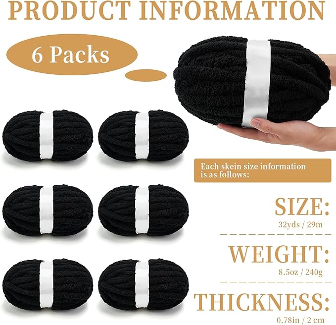 Chunky Chenille Yarn for Crocheting/Arm Knitting, Super Soft Jumbo Knit Blanket Yarn Black 6 Pack (32 yds, 8.5 oz Each Pack)