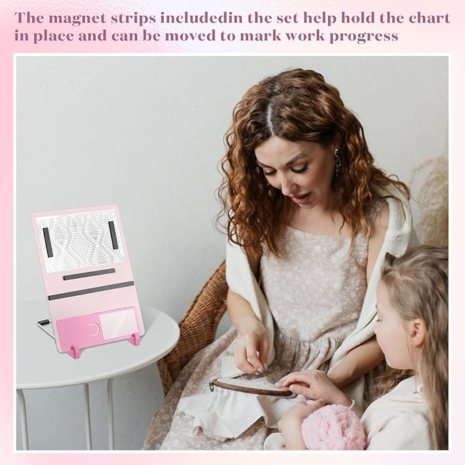 flutesan 8 pcs cross stitch accessories and tools 11.5 x 4.7 inch metal magnet board chart knitting pattern holder 2 bookmark magnifier with ruler 1 bracket 4 magnet strips for crafts work (pink)