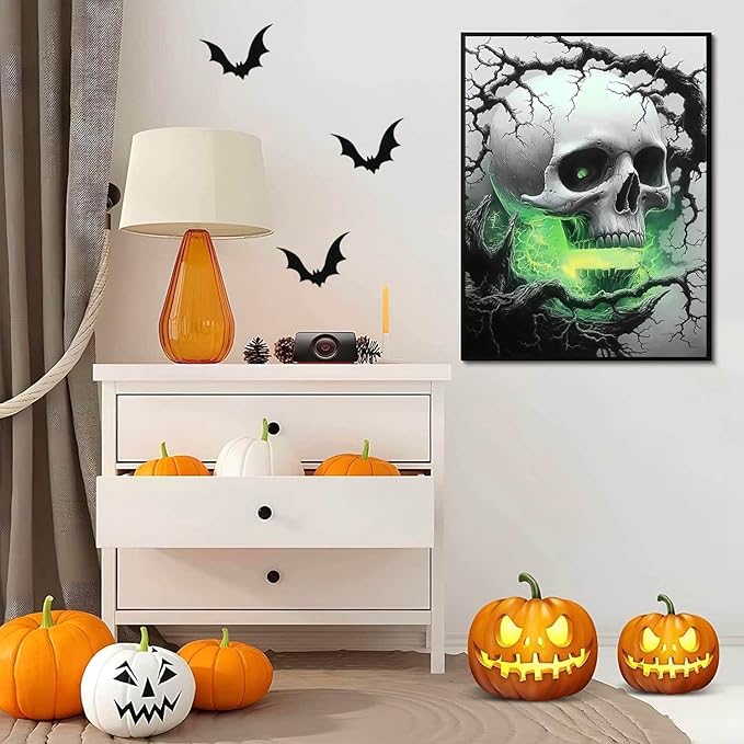 DIYDECORFUN Skull Diamond Art Kits for Adults Halloween, 5D Horror Diamond Painting Kits, Full Round Drills Spooky Skeleton Diamond Dots DIY Ghost Gem Art Crafts Paint By Diamonds for Decor 12x16IN