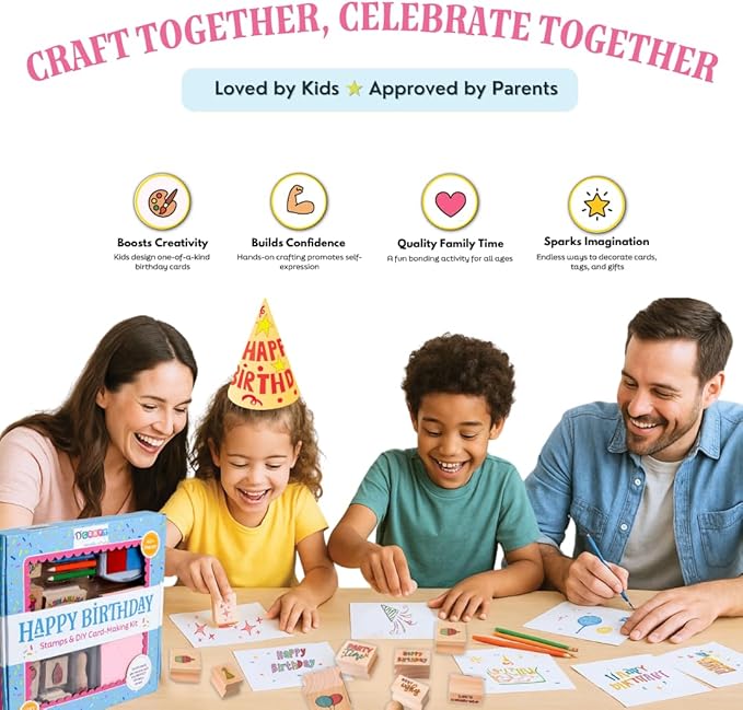 Birthday Card Making Kit for Kids – DIY Craft Kit with Wooden Stamps, Cards, Stickers & Ink Pad – Makes 12 Cards – Party Activity & Gift for Ages 4+
