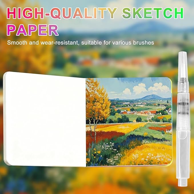 Mini Watercolor Paint Set,24 color Paints, 15 Grids Portable Wooden Travel Palette, Sketchbook & Copper Clip, Metal Clip –For Beginners, Artists & Painting Enthusiasts