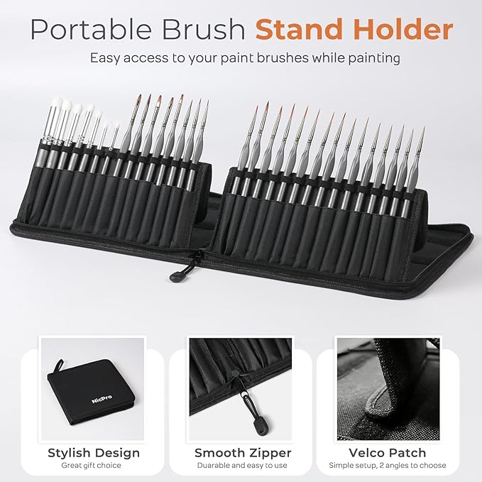 Nicpro Miniature Paint Brushes Dry Brush - 30 PCS Model Paint Brush Set with Nylon Case for Acrylic, Oil, Watercolor, Detail Paint Brush Drybrush for Model, Miniature Painting, Paint by Numbers, Craft