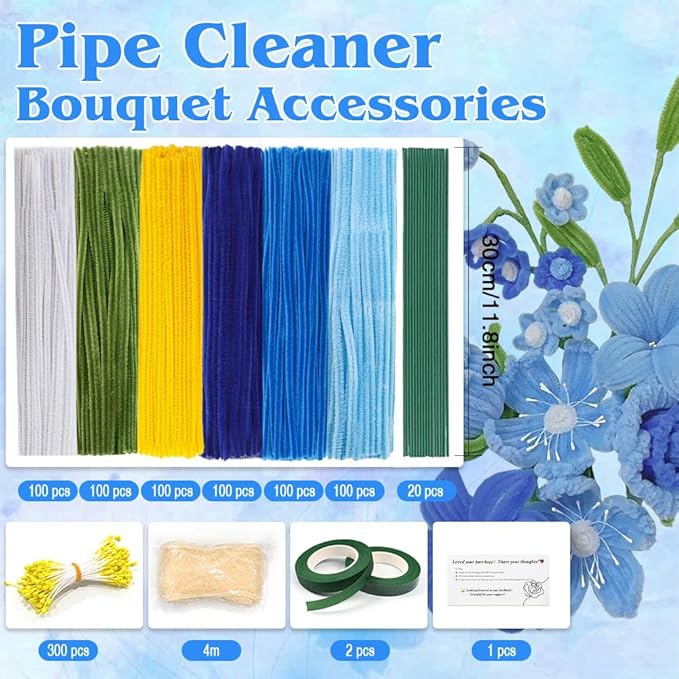 985-Piece Jumbo Size Premium Muti-Color Pipe Cleaner Craft Kit with Floral Supplies - Chenille Stems, Flower Wires, Stamens & Video Tutorial for Wedding Decorations (Blue White Set, Jumbo Craft Set)