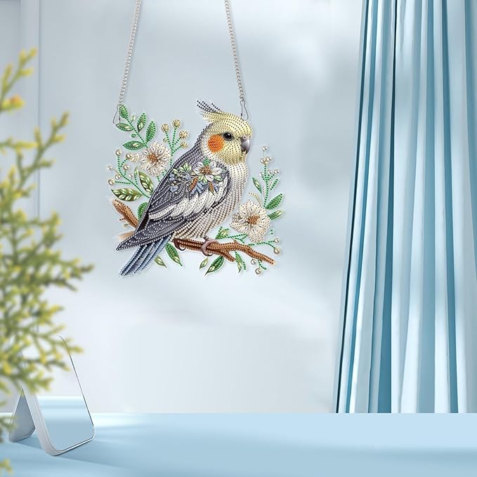 AiYuanzsh Diamond Art Suncatcher Hanging Kit Parrot with Flowers, Special Shaped Diamond Painting Ornament for Adults, Colorful DIY Window & Wall Decoration, Crystal Diamond Art Kit