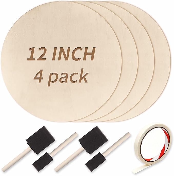12 Inch Unfinished Wood Circles for Crafts, Wood Rounds Plaques for Cricut Crafts, Wooden Discs for Door Hanger Sign, Painting, Wood Burning, Christmas Home Décor(4Pcs Circle+Brush)