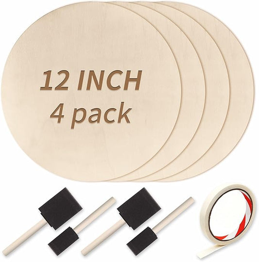 12 Inch Unfinished Wood Circles for Crafts, Wood Rounds Plaques for Cricut Crafts, Wooden Discs for Door Hanger Sign, Painting, Wood Burning, Christmas Home Décor(4Pcs Circle+Brush)
