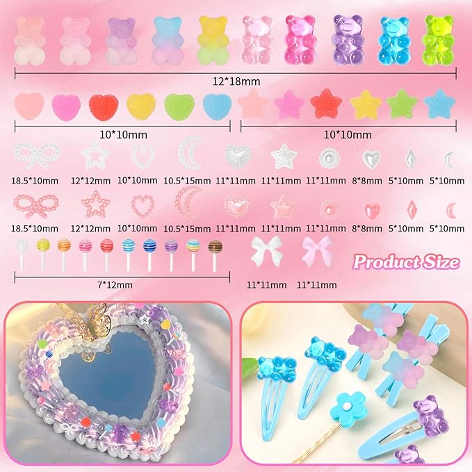 400 Pcs Candy Junk Case Charms Kit, Color Gummy Bear Lollipop Star Heart Charms for Junk Cases, Pink White Bow Moon Hearts Pearls Phone Case Charms, Assorted Slime Charms for DIY Crafts