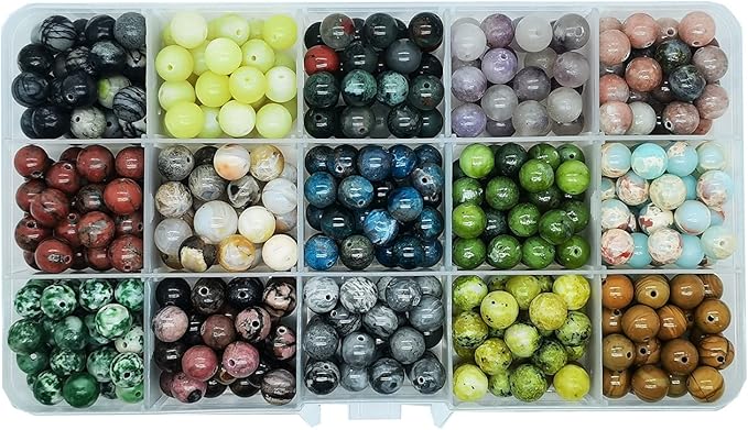 Yephac 450pcs 8mm Natural Round Stone Beads-Loose Gemstone Beading-Hole Size 1mm for Jewelry Making,Box Packed (15 Material-3,8mm)