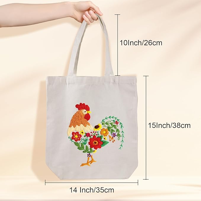louise maelys embroidery kit canvas tote bag for beginners,cross stitch kits for adults,diy needlepoint include rooster and flower pattern,women shopping reusable grocery bags