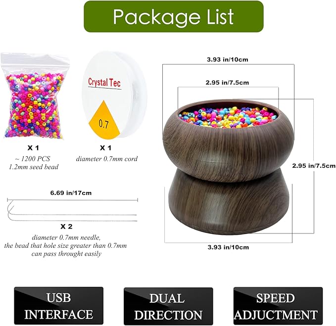 Xmada Electric Bead Spinner - Bead Spinner with 2PC Beading Needles and Seed Beads, Waist Beads Kit, Bead Spinner for Jewelry Making, Electric | Speed Adjustment Beading Tools (Black Walnut)