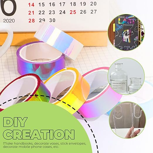 6 Rolls Holographic Tape 5m/196.8in Assorted Colored Tape Set Decorative Tape Prismatic Glitter Tape Hoops for DIY Arts Crafts Decoration Scrapbooking Gifts Wrapping (Multi)
