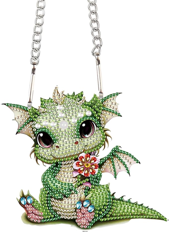 Green Dragon Diamond Painting Kit – 5D DIY Acrylic Pendant with Special Shaped Rhinestones, Cute Fantasy Animal Hanging Ornament for Wall, Window, Door, or Car Mirror Décor, Gift for Adults and Teens