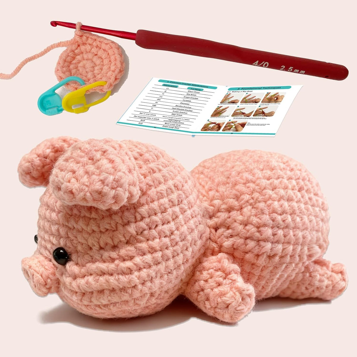 JueRum Pig Crochet Kit for Beginners Adult All-in-One Amigurumi Crochet Kit With Adjustable-Speed Video Tutorials, 20% Extra Yarn, Learn to Crochet, Ideal Christmas Birthday Gift for Women Girls