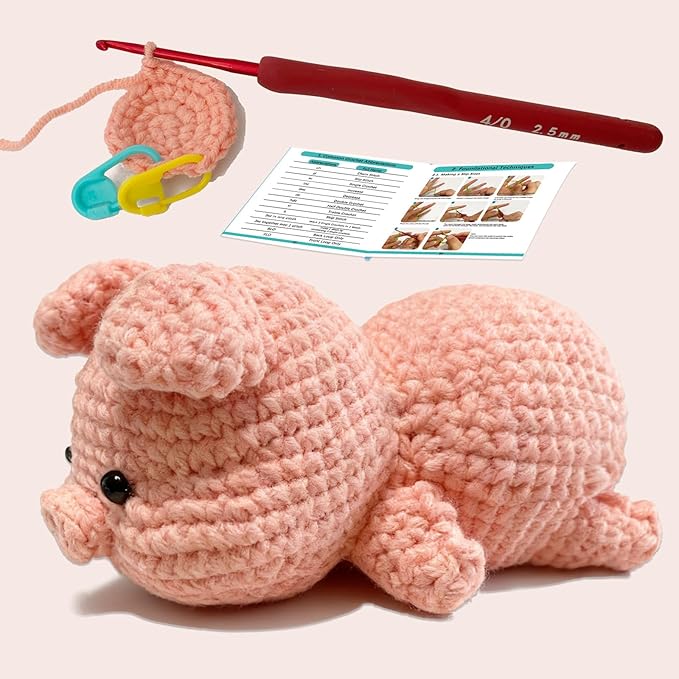 JueRum Pig Beginner Crochet Kits for Adult,Amigurumi Crochet Kit with Step-by-Step Video Tutorials, Learn to Crochet Pig Animals Knitting Kit for Adult
