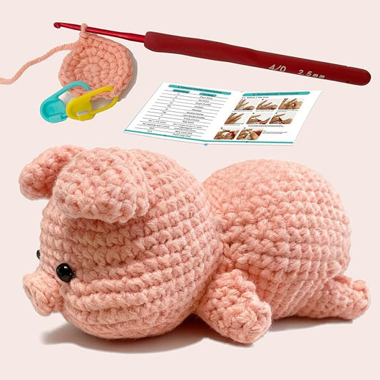 JueRum Pig Beginner Crochet Kits for Adult,Amigurumi Crochet Kit with Step-by-Step Video Tutorials, Learn to Crochet Pig Animals Knitting Kit for Adult