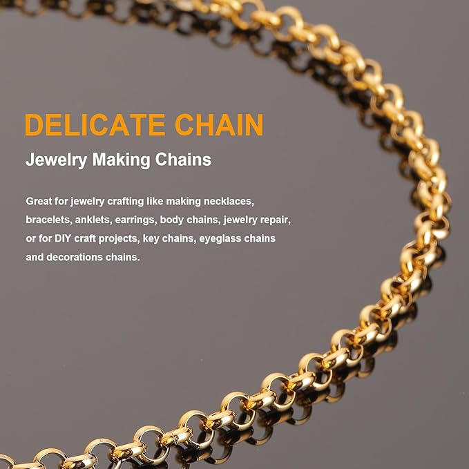 KYUNHOO 13 Feet/4M Gold Plated Chain for Jewelry Making 6mm Round Circle Chain Link on Spool Stainless Steel Chain Roll for Handcraft Making Supply Jewelry Findings