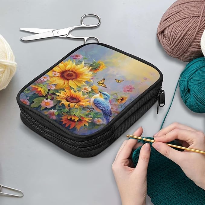Hechitok Hummingbird Sunflower Crochet Hook Case Zipper Storage Organizer Bag with Pockets for Various Crochet Needles/Knitting Accessories/Crochet Hook Kit Tools