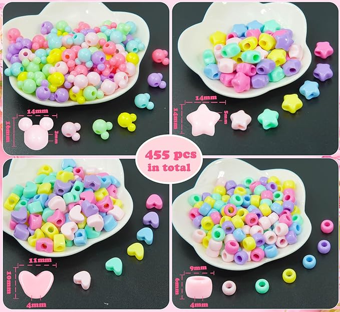 Wavlakth 1460 Pcs Hair Braid Bead Kit, Acrylic Heart Star Pony Bead Mouse Head Pastel Beads with Elastic Bands Salon-Grade Braiding & Jewelry Making Supplies for Professional Stylists & DIY Crafters