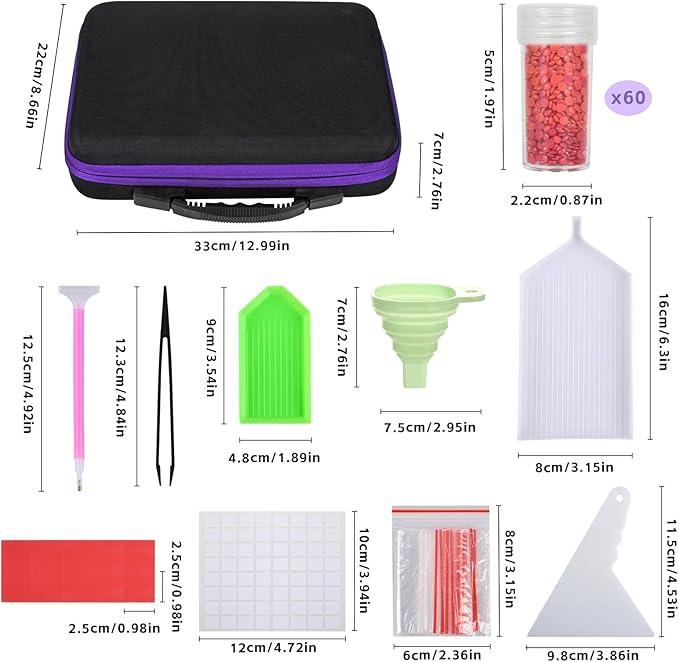 MERATIA 60 Slots Diamond Painting Storage Container, Diamond Art Kits for Adults Stackable Bead Organizer with Carrying Handle, Craft Storage Box with Accessories (Purple-60 Slots)