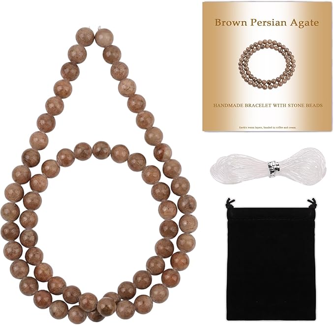 Stone Beads, 60pcs Brown Persian Agate, 6mm Round Loose Beads for Jewelry Making, Bracelets, with Bag, String & Card