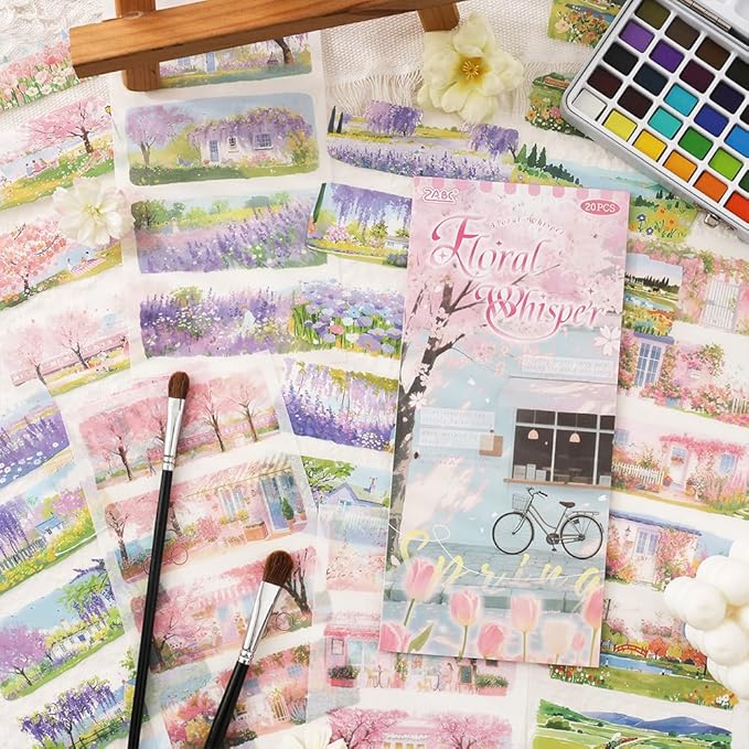 Journal Sticker Book for Junk Journaling, Transparent PET Seasons Landscape Stickers for Scrapbook Supplies, Scrapbooking, 20 Large Pre-Cut Stickers Sheets 9.25 x 6.62 inches