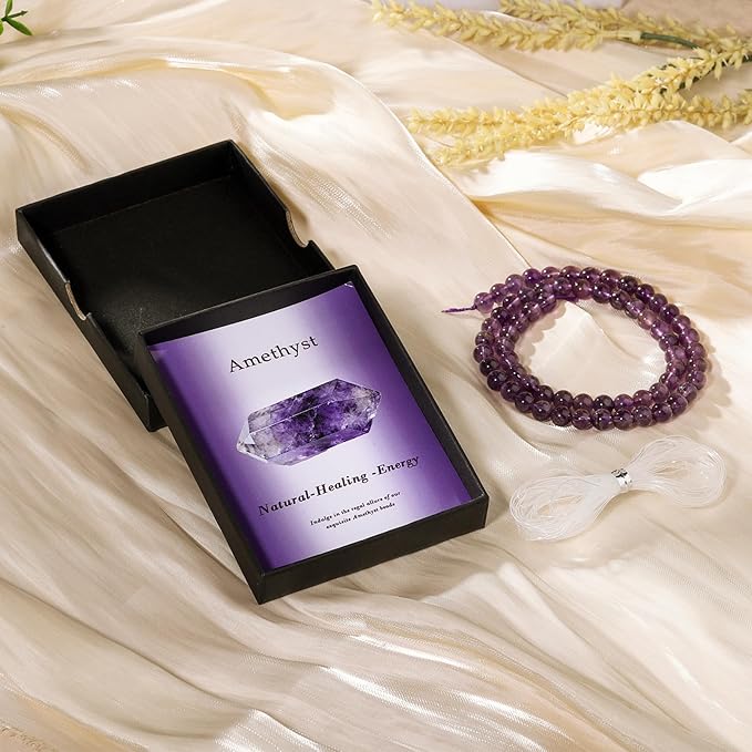 Song Xi 60pcs 6mm Natural Amethyst Stone Beads for Jewelry Making, Gemstones Beads Bracelet for Necklace Earring Keychain, with Jewelry Box and Elastic for Christmas Wedding Birthday Gift