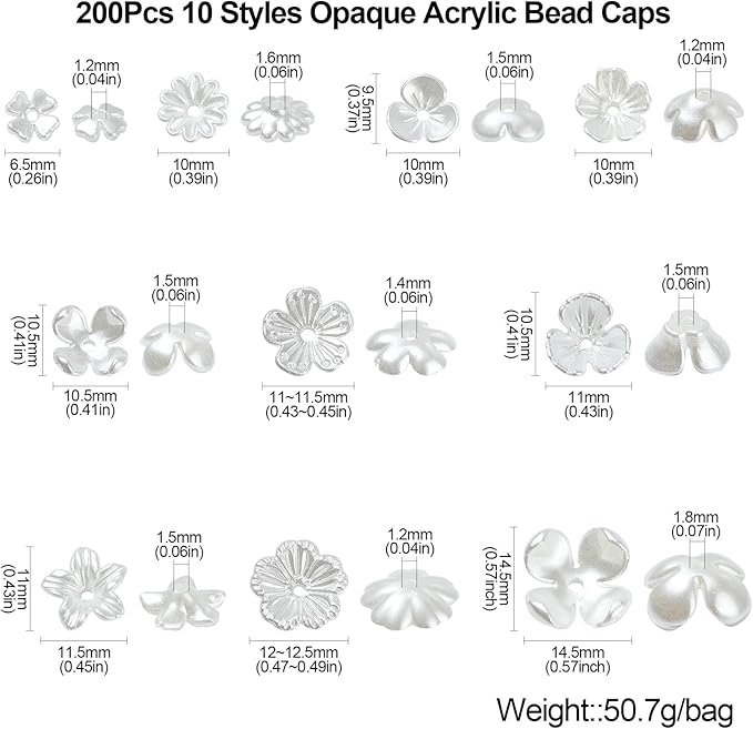 Ipotkitt 200 Pcs 10 Styles White Acrylic Flower Bead Caps ABS Plastic Spring Beads Imitation Pearl Flower Shaped Bead Caps Floral End Caps for DIY Craft Necklaces Bracelets Jewelry Making