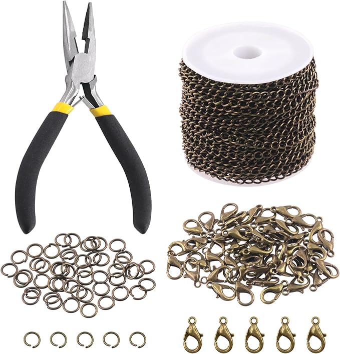 Keadic 102Pcs 30 Feet Jewelry Making Chains Kit W 3mm Metal Necklace Twisted Links Chain, Lobster Clasps, Open Jump Rings and Jewelry Pliers for Bracelet Earring Anklet DIY (Bronze)